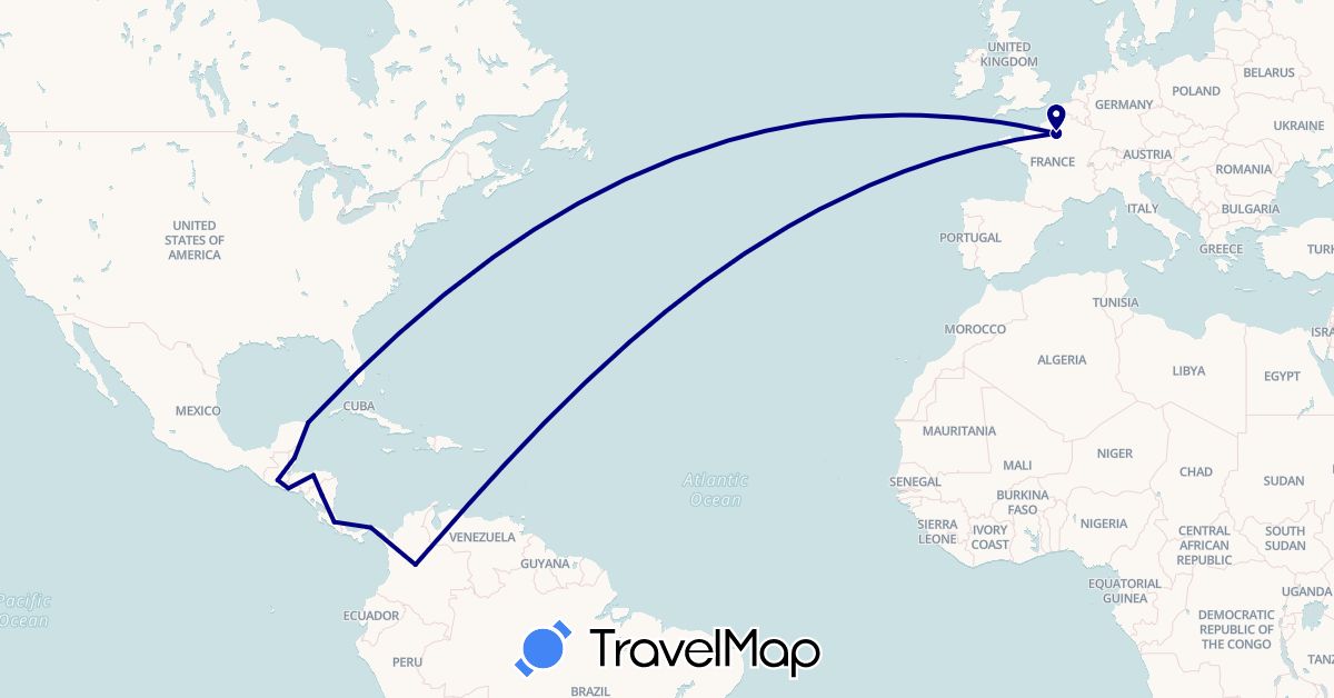 TravelMap itinerary: driving in Belize, Colombia, Costa Rica, France, Guatemala, Honduras, Mexico, Nicaragua, Panama, El Salvador (Europe, North America, South America)