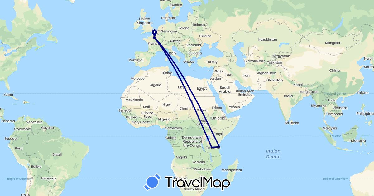 TravelMap itinerary: driving in France, Tanzania (Africa, Europe)